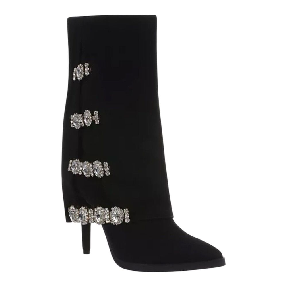 Thalia Sodi Nami Womens Boots 7M Black Rhinestone Embellished Fold Over Stiletto